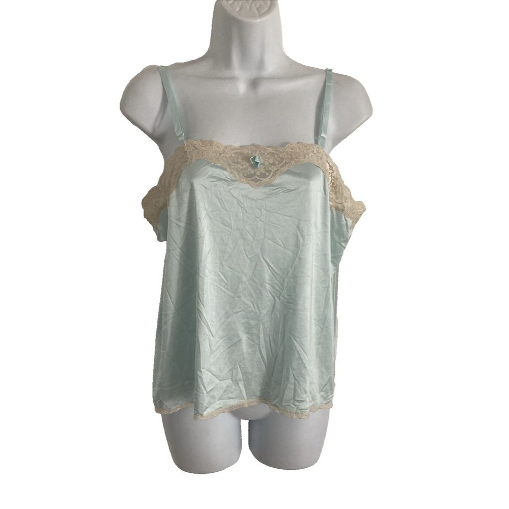 Vintage Formfit Camisole Cami Womens Sz 36 Blue Satin Tan Lace Sexy Slip Top USA